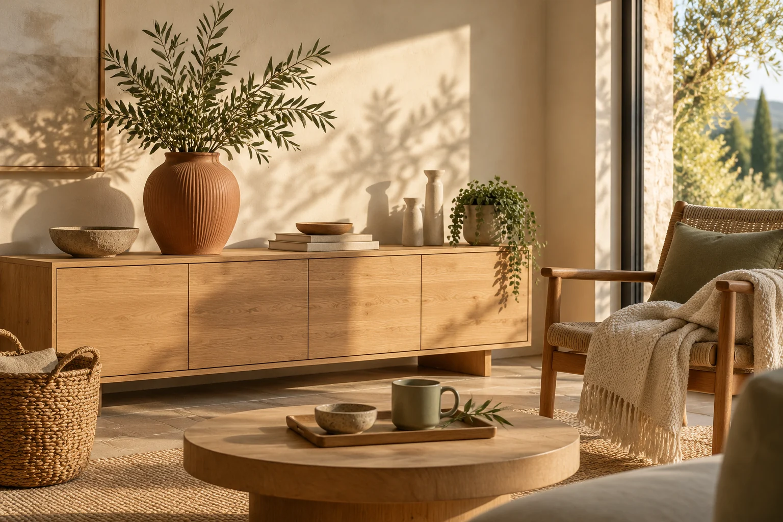 A warm sunlit room with a ceramic vase, cotton throw and everyday home essentials