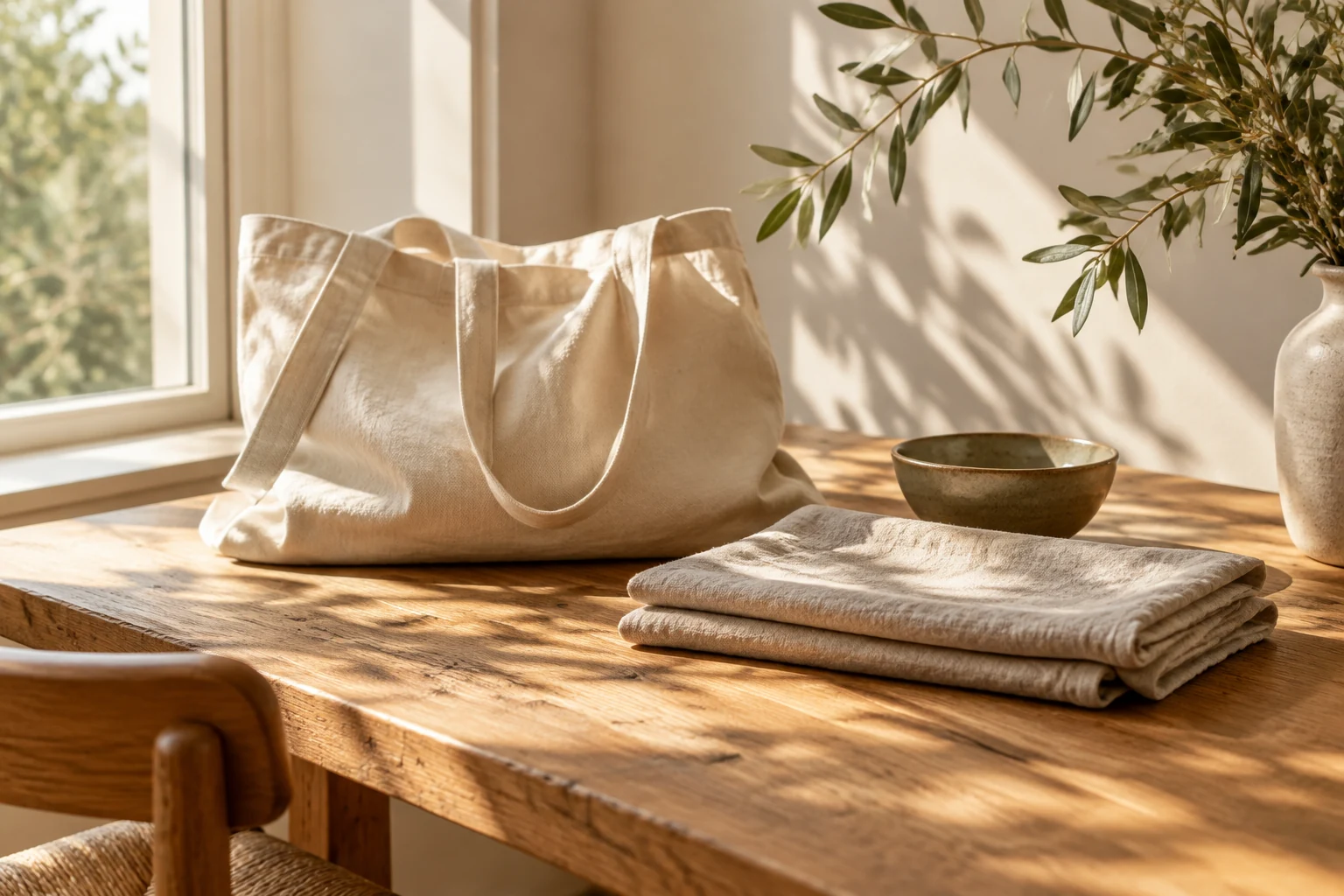 Cotton tote and folded linen on an oak table in natural light